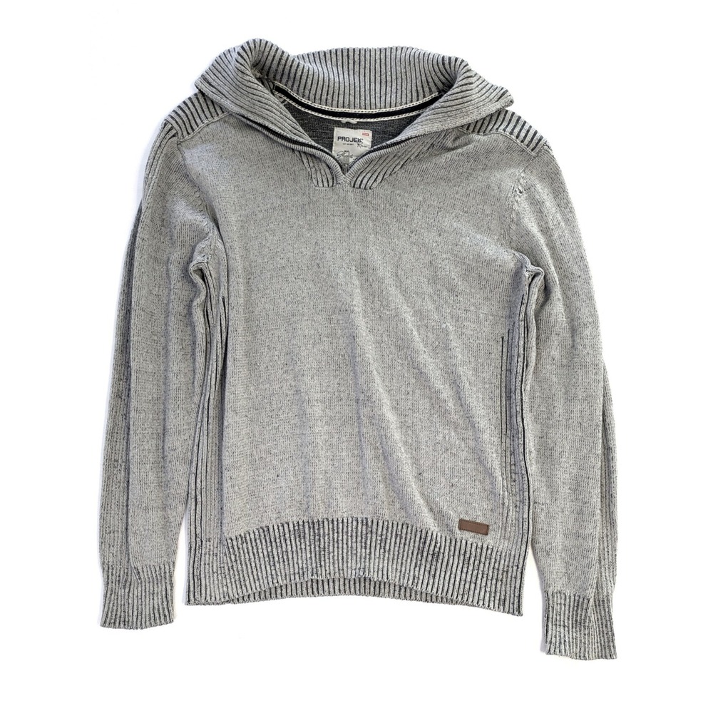 Projek Raw Mens Quarter Zip Sweater Gray Marl Cotton Knit Pullover Large 127652